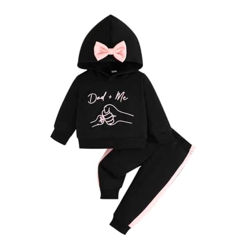 Image of Eqenkely Baby Girl Clothes Outfit Sets Letter Print Long Sleeve Sweatshirt Hooded + Pants 2 pcs Tracksuit for Toddler 6 Months-3 Years B:Black 6-9 Months
