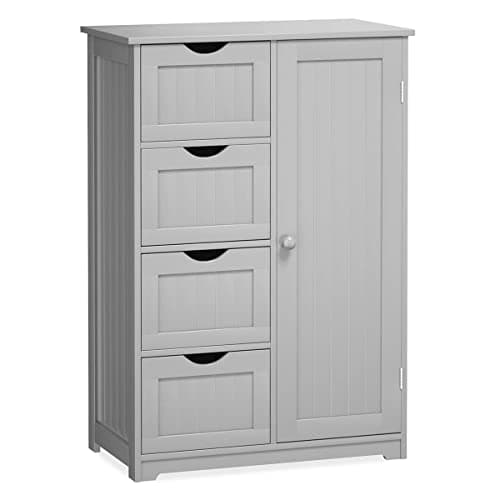 Image of COSTWAY Bathroom Floor Cabinet, Wooden Free Standing Storage Cupboard with 3/4 Drawers, Adjustable Shelf and Door, Home Kitchen Living Room Hallway Organiser Unit (Grey, 4 Drawers)