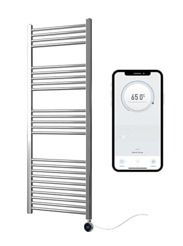 Image of Greened House Chrome Electric Smart WiFi Controlled Heated Towel Rail 500mm W x 1400mm H Flat 7 Day Programmable Timer App Compatibility