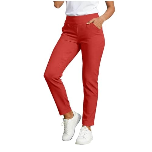 Image of Womens Pull On Trousers UK High Waisted Stretch Slim Straight Leg 7/8 Ankle Length Pants with Pockets Smart Casual Work Office Travel Golf Walking Hiking Quick Dry Lightweight Tummy Control Red
