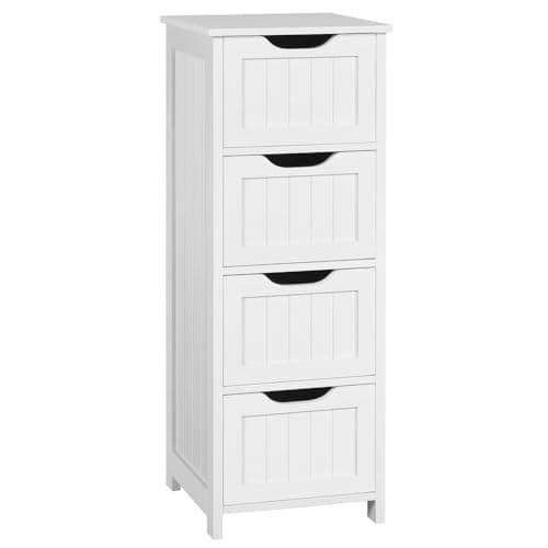 Image of Yaheetech Bathroom Floor Cabinet, Wooden Freestanding Storage Organizer with 4 Drawers, Slim Unit for Living Room&Hallway, Modern Style, Sturdy Construction, White