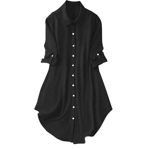 Image of Women Satin Silk Shirts,Ladies 3/4 Sleeve Solid Turn Down Collar Temperament Satin Button Long Shirt,Fall Winter Office Work Elegant Slim Fit Blouses Casual Comofrtable Tunic Tops,UK Size 8-16 Black