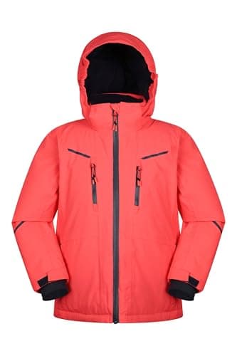 Image of Mountain Warehouse Slalom Kids Extreme Waterproof Ski Jacket - Fleece Lined Padded Coat with Detachable Snowskirt, Boys & Girls - Winter Skiing, Sports, Walking Fiery Coral Kids Size 7-8 Years