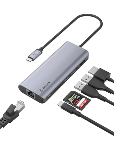 Image of Belkin USB C Hub, 6-in-1 MultiPort Adapter Dock with 4K HDMI, USB-C 100 W PD Pass-Through Charging, 2 x USB A, Gigabit Ethernet Ports and SD Slot for MacBook Pro, Air, iPad Pro, XPS and More, Silver