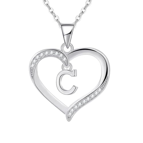Image of Cosie Lily Silver Necklaces for Women Heart Initial Necklace Sterling Silver Necklace Letter Necklace C Name Pendant Jewellery for Women,Initial Necklaces for Girls Gifts for Girls Birthday Presents
