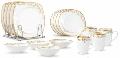 Image of Royal 16-Piece Square Porcelain Dinner Set for 4– 4 Dinner Plates and Bowls Set 4 Side Plates & Mugs, Dishwasher Safe, Highly Resistant Dinnerware, Kitchen & Dining - Vintage Donya - Gold