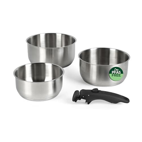 Image of Russell Hobbs 3-Piece Saucepan Set – 18/18/20 cm Stainless Steel Cooking Pots, Detachable Clip-On Handle, Stackable, Compact, PFAS-/PFOA-Free, Oven Safe up to 200 ºC, Smooth Satin Finish, Space-Saving