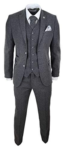 Image of Mens Wool Tweed Suit 3 Piece Authentic 1920s Tailored Fit Classic Grey