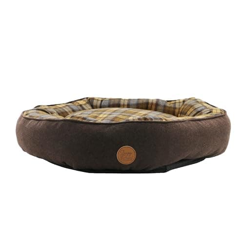 Image of Ancol Dog Donut Bed in Brown and Blue Tartan - Comfortable Indoors Snuggle Pad with Raised Rim - Cosy Puppy Mat Sleeping Place - 70cm