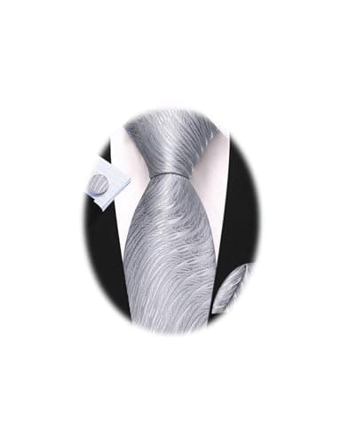 Image of Barry.Wang Mens Silver Tie Silk Grey Necktie Handkerchief Cufflink Set Formal Wedding Business
