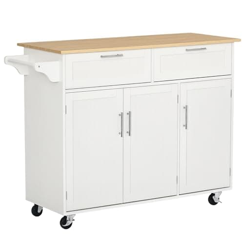 Image of HOMCOM Kitchen Island Utility Cart, with 2 Storage Drawers & Cabinets for Dining Room, White