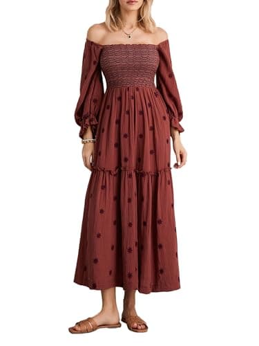 Image of Acrawnni Women's Brown Flower Embroidered Maxi Dress, Long Puff Sleeve, Square Neck, Smocked Tiered, Bohemian, S/M/L