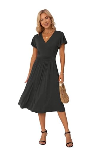 Image of GRECERELLE Womens Summer Wrap Dress Ladies Casual Ruffle Short Sleeve V-Neck Floral Beach Dresses for Women (Dark Grey, L)