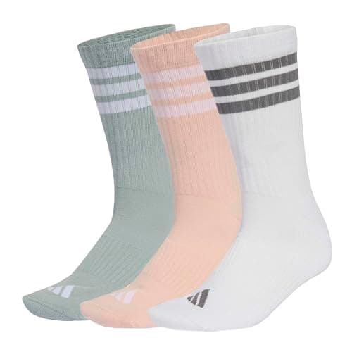 Image of adidas Unisex 3STRIPES CUSHIONED SPORTSWEAR CREW SOCKS 3 PAIR PACK, blush pink/white/Wonder Sage, 8.5-10