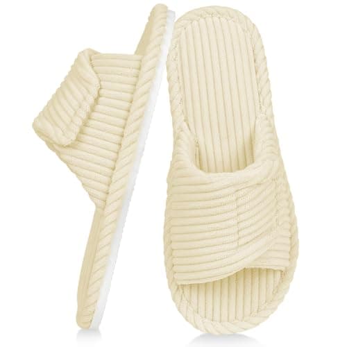Image of Alaoo Ladies House Slippers Memory Foam, Adjustable Hook and Loop Corduroy Womens Slippers, Open Toe Cosy Non Slip Indoor Outdoor Home Slipper, White 3-4UK
