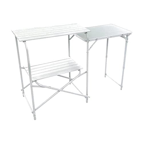 Image of Hi-Gear Elite Kitchen Stand with Storage Shelf, Lightweight, Easy to Assemble, Sturdy, Portable, Collapsible, Folding Furniture, Ideal for Camping and Festivals, includes Carry Bag, Silver