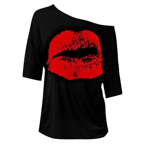 Image of 𝐩Ink Shirts For Women Women's Casual Off Shoulder Shoulder Nostalgic Big Lip Print 80s Clothing Women's Shoulder Medium Sleeved T Shirt Top Red Shirt (Red, XXL)