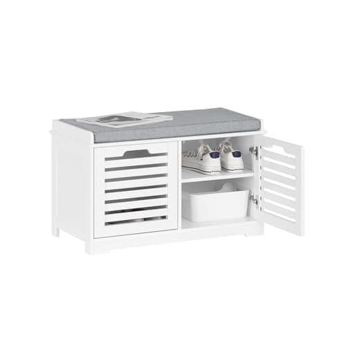 Image of SoBuy Shoe Storage Bench Shoe Cabinet with Seat Cushion – 2 Doors for Hallway Organiser, White, Wooden Storage Unit, 133kg Load – FSR23-II-W