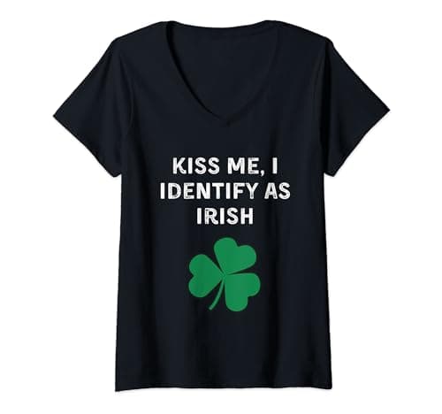 Image of Womens Kiss me, I Identify as Irish Funny St. Patrick's Day Clover V-Neck T-Shirt