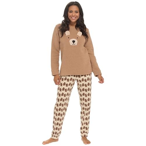 Image of Daisy Dreamer Womens Snuggle Fleece Pyjama Set Ladies Loungewear Pyjamas Warm Soft Fleece Pj Lounge Sets,Teddy Bear Small