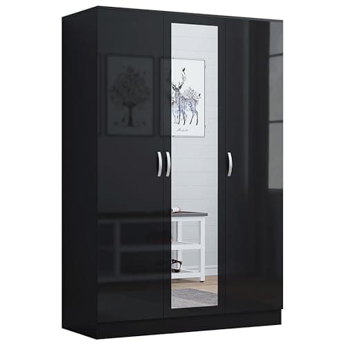 Image of Nera Gloss 3 Door Wardrobe for Bedroom 120cm Wide with Mirror Shelves and Hanging Rail Storage Cabinet (Gloss Black (Matt Black))