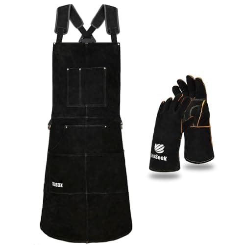 Image of LeaSeek Leather Welding Apron,Heat & Flame-Resistant Heavy Duty Work Apron with 6 Pockets