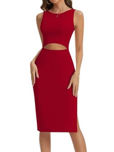 Image of SHAPERIN Women Bodycon Midi Dress Cutout Crew Neck Tank Dress with Side Slit Ribbed Casual Summer Dresses, Red, M