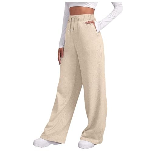 Image of Womens Trousers Women’s Fleece Lined Sweatpants Wide Straight Leg Pants Bottom Sweatpants Joggers Pants Workout High Waisted Yoga Pants with Pockets (Beige, L)