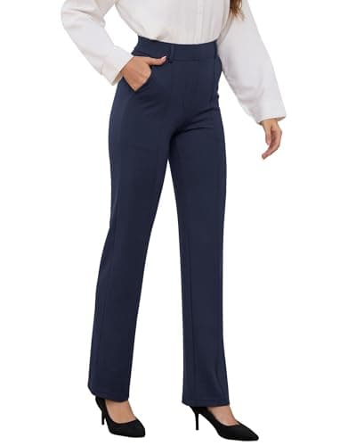 Image of Yoga Dress Trousers for Women Straight Leg Stretchy Elastic Pull On High Waist Business Casual Pants Women's Office Ready with Hidden Pockets Smart Trousers UK 29" Navy Blue L