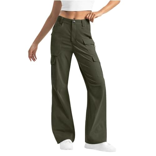 Image of Keepink Cargo Trousers Women Casual Baggy Wide Leg Pants Solid Button Zipper Trouser Long Leg Work Pant Stretch High Waist Straight Leg Joggers with Pockets Petite Y2K Streetwear