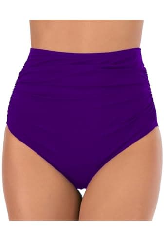 Image of Lovache Women's High Waisted Bikini Bottoms Solid Ruched Tummy Control Swim Briefs Purple
