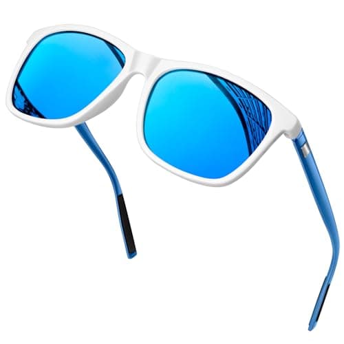 Image of KANASTAL White Sunglasses Blue Mirror Mens Polarised Womens Square Classic Vintage Ladies Fashion Driving Two Tone Summer Outdoor UV400 - White Frame Blue Lens