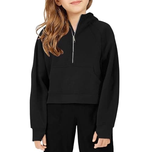 Image of Momkonzz Girls Hoodies Kids Jumpers Hooded Sweatshirt Long Sleeve Pullover Zipper Top with Pocket Size Black 11-12 Years