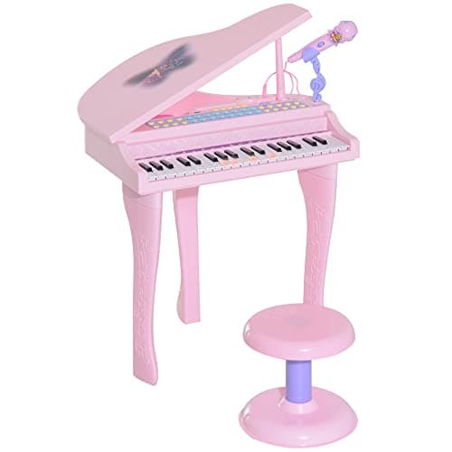 Image of HOMCOM 37 Keys Kids Mini Electronic Keyboard Children Grand Piano with Stool Microphone Light Musical Instrument Educational Game Toy Set (Pink)