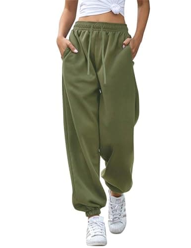 Image of Oyamiki Plain Joggers Baggy Cuffed Trousers for Women UK Elastic Waist with Drawstring Jogging Sweatpants Plus Size Army Green XL