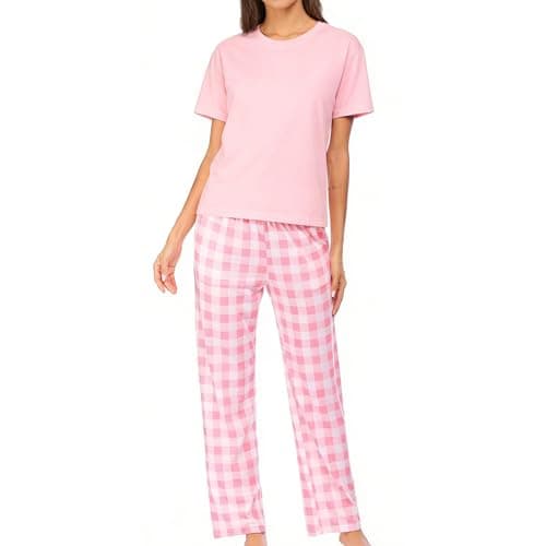 Image of ADUDVLO 2 Piece women’s pyjama sets – Plaid PJs with High Waist Pants, Pockets & Elastic Waistband, Soft Comfortable Sleepwear & Loungewear for Home & Gifts (UK, Alpha, M, Regular, Regular, Pink)
