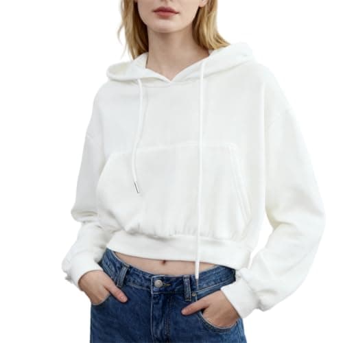 Image of Amazhiyu Womens Cropped Hoodie, Causal Cropped Hoody Hooded Sweatshirt Long Sleeve Crewneck Pullover Crop Tops White