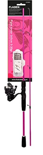 Image of FLADEN Fishing - 2 Piece 1.65m Junior Fight Lure Rod and Reel Line Combo Starter Set 5-20g cw Tackle Box with Swivels Traces Spinner & Spoon Lure (Pink) [12K-005165P]
