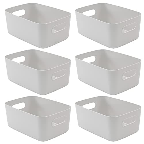 Image of SA Products Set of 6 Storage Box - Grey Storage Boxes With Handle - Stackable & Minimalist Rectangular Plastic Storage Baskets - Stylish Cupboard Organiser For Kitchen, Home, Office and Bathroom