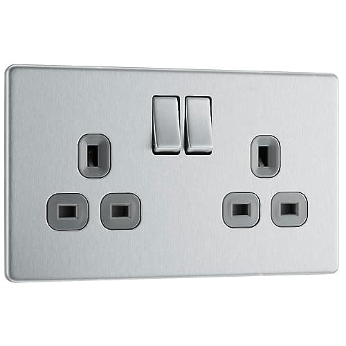 Image of BG Electrical Double Switched Power Plug Wall Socket, Flatplate Screwless, Brushed Steel, Grey Inserts, 13A, FBS22G