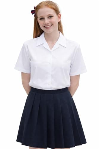 Image of L S U White School Shirt Short Sleeve Open Neck - Girls Button Down Blouse Revere Collar Kids Uniform Shirts (15-16 Y, White)