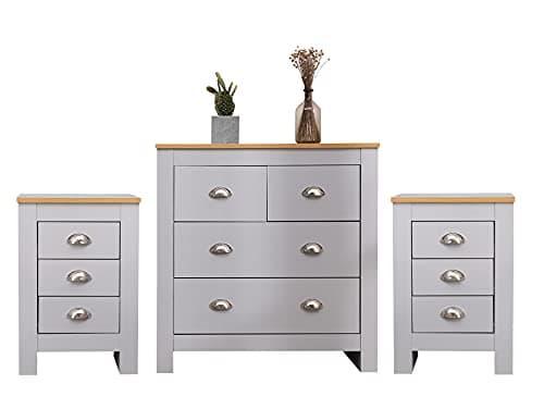 Image of FUSIDE 3 Pieces Bedroom Set Chest of Drawers Bedside table set of 2 Wooden Storage Unit for Living Room Furniture,White or Grey (Grey+Oak)