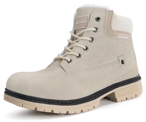Image of Eagsouni Women's Lace up Ankle Boots Work Warm Waterproof Low Heel Combat Booties, Beige, 6.5 UK, 40 EU