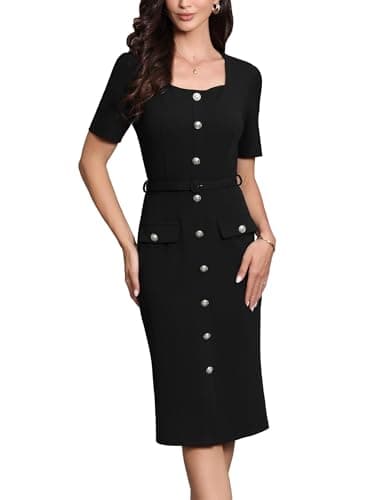 Image of Allegra K Work Dress for Women Square Neck Button Down Short Sleeve Vintage Sheath Dresses with Belt Black M
