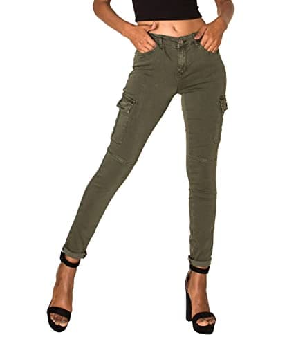 Image of Nina Carter S353 Women's Cargo Trousers, Skinny Fit Jeans, Cargo Jeans, Stretch Jeans, Cargo Jeans, Used Look, Dark Khaki (S378), L