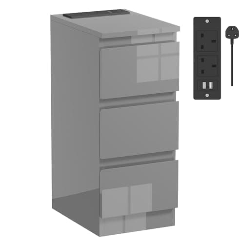 Image of Rainbow Tree Slim Bedside Table with Charging Station Grey, Modern High Gloss Narrow Bedside Cabinet with 3 Drawers, Nightstand for Bedroom, Side Sofa Tables 25x35x60cm