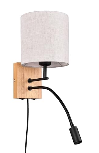 Image of TRIO Leuchten Nilam 212879236 Wall Light, Natural Wood, Lampshade, Without 1x E27, Reading Arm with 3.1 Watt LED, Flex Connect