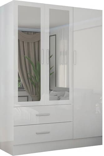 Image of SLIDING WARDROBE 4U Modern 3-Door Sliding Wardrobe with Mirrors, Drawers, Shelves & Hanging Rail - Freestanding Bedroom Storage – White/Black/Grey (White, 116cm)