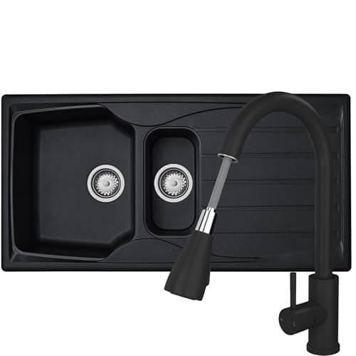 Image of Liquida CMP15BL 1.5 Bowl Reversible Black Kitchen Sink and Pull Out KPO11MB Tap
