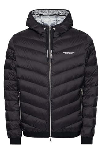 Image of Armani Exchange Men's Hooded Quilted Down Milano/New York Logo Zip-up Jacket, Black/Melange Gray B, M